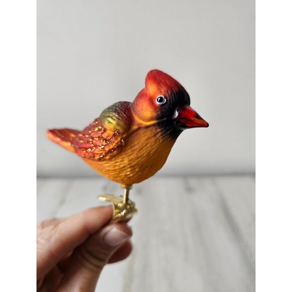 OWC Old world Cardinal bird clip glass ornament glitter orange Xmas tree - Picture 2 of 7